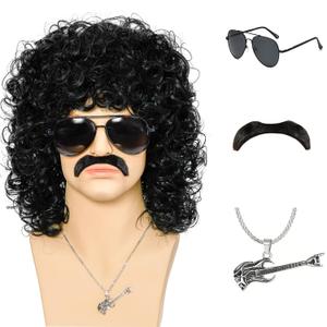 Mens Short Curly Black Wig With Sunglasses and Necklace Fake beard-70s 80s Fluffy Afro Punk Rockstar Wig for Men Cosplay Halloween Party Costume Wig