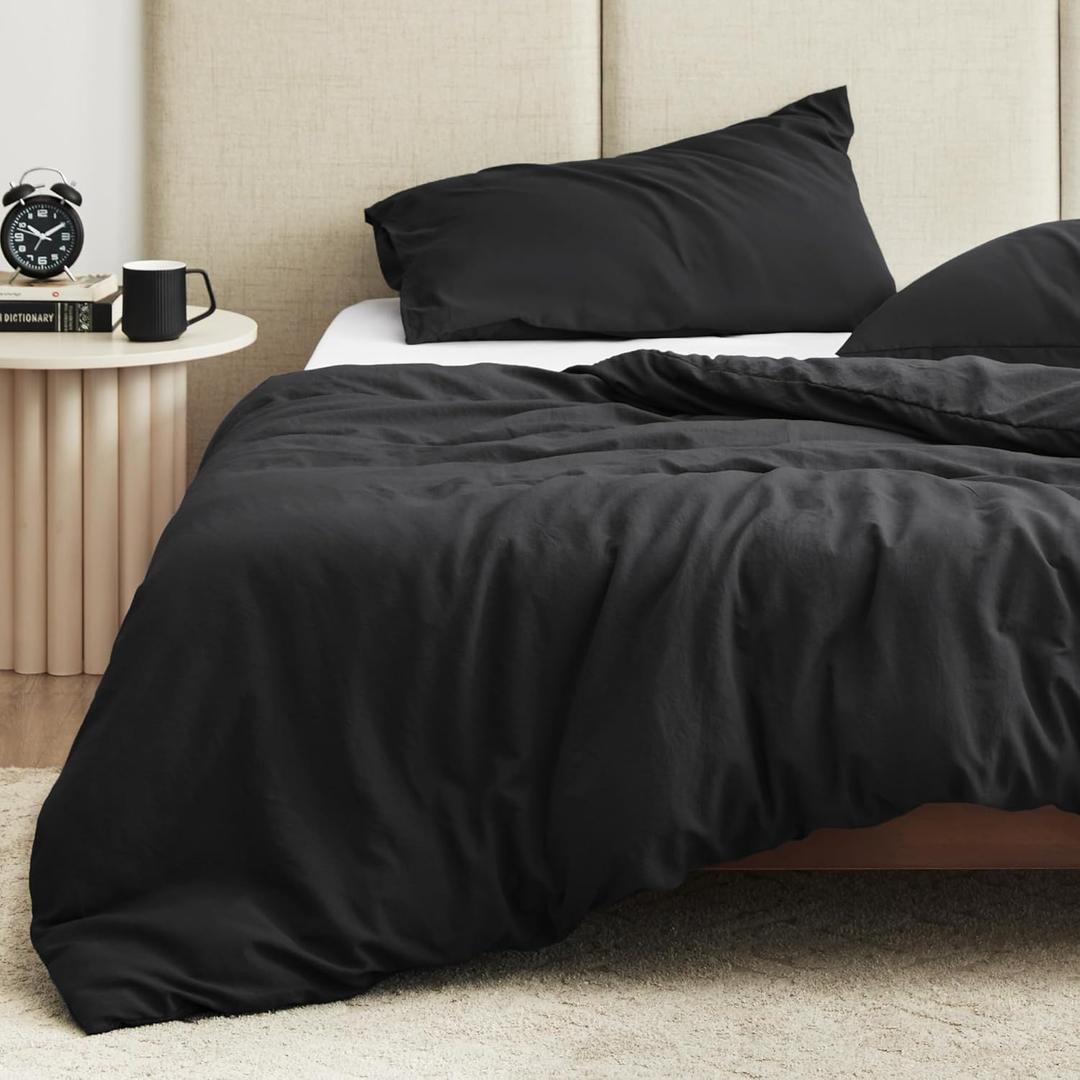EXQ Home Washed Cotton Duvet Cover for Weighted Blanket, 60x80 inches, Black, Machine Washable with 8 Ties