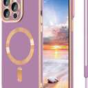 iPhone 15 Pro Max Case,iPhone 15 Pro Max Phone Case[Compatible with MagSafe] Magnetic Slim Thin lanyard Wrist Strap Plating Shockproof Protective Phone Cover for iPhone 15 Pro Max 6.7", Purple