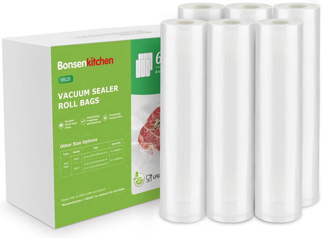 [2025 Upgraded] Bonsenkitchen 6 Rolls 8" x 16' Vacuum Sealer Bags for Food with a Color Box, Easy to Store, Commercial Grade, BPA Free, Great for Food Storage or Sous Vide, VB20