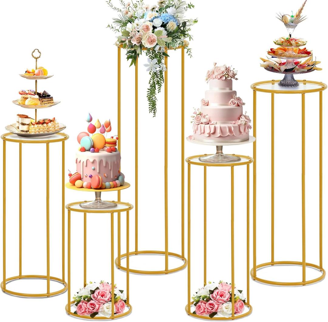 Hicarer 5 Pcs Cylinder Pedestal Stands for Party Gold Metal Tall Cylinder Stands Cake Tables Round Vases Display Columns for Weddings Party Birthday Backdrop Decorations, Acrylic Top Plate