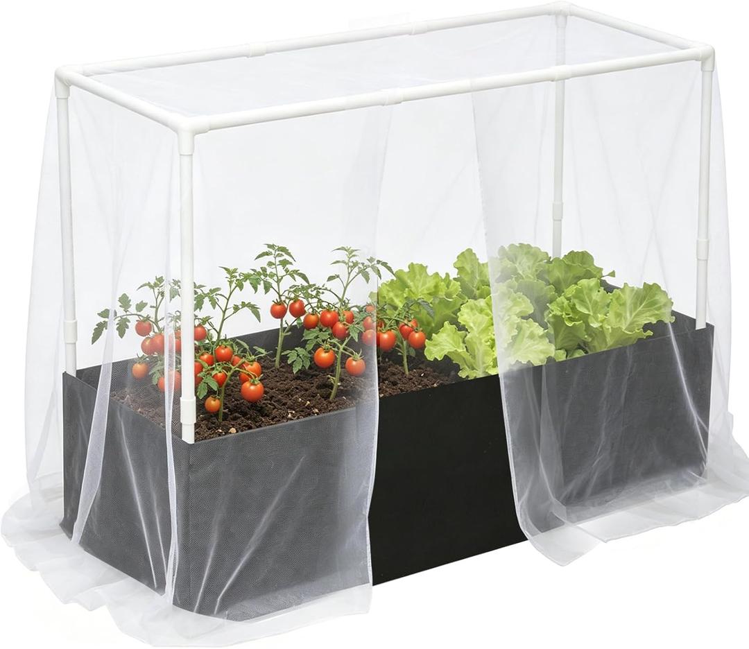 Fabric Raised Garden Bed with Frame and Mesh Net Cover 47.2 inch x 15.7 inch x 31.5 inch Outdoor Raised Planter for Vegetable Flower Herbs and Strawberry