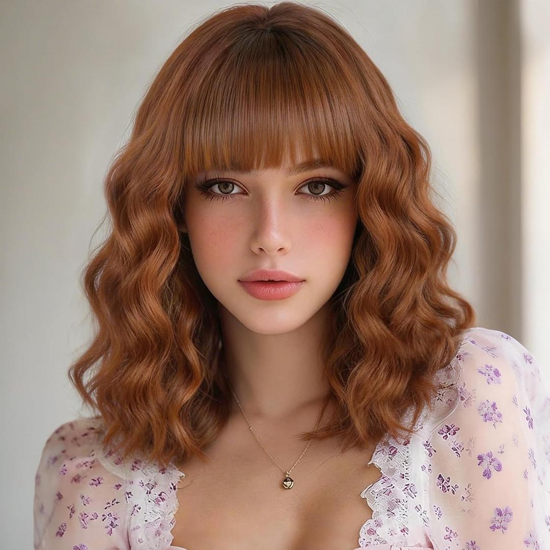 Lativ Auburn Wig with Bangs Short Bob Wigs With Dark Roots for Women Shoulder Length Ginger Wavy Curly Wigs Synthetic Fiber Wigs 14 Inches for Daily Party Use