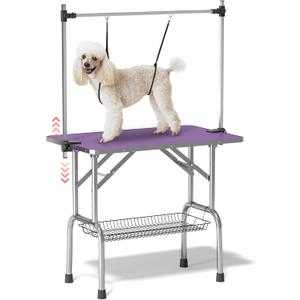 Lyromix Dog Grooming Table, Adjustable Large Pet Drying Desktop, Foldable Bathing Desk with Arms, Noose, Mesh Tray, Maximum Capacity Up to 330Lb (46Inch, Purple)
