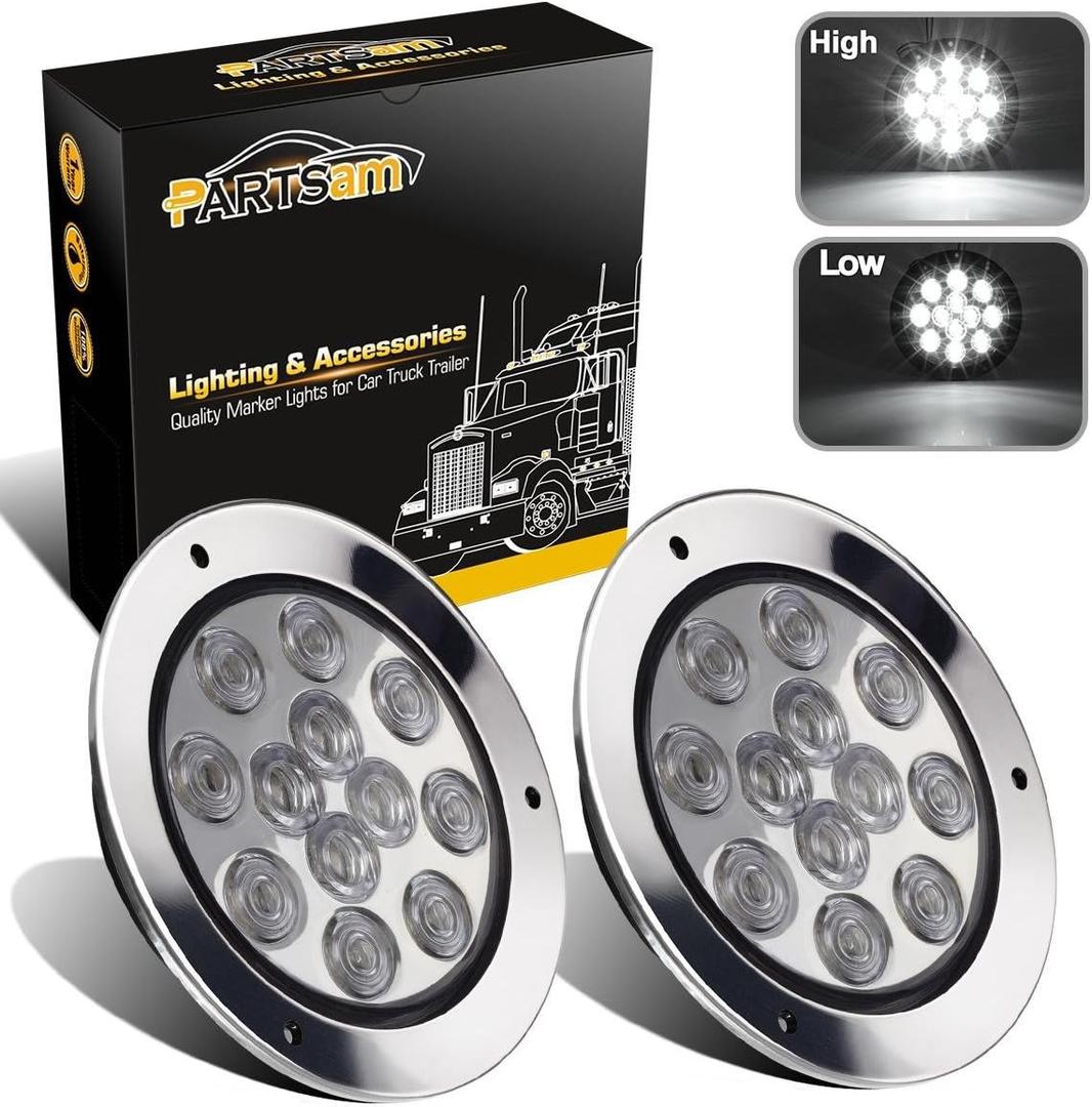 Partsam 2PCS 12 LED White 4" Round Backup Reverse Lights Marker w/Stainless Rings Sealed