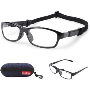 SooGree Sports Goggles Glasses Football Soccer Safety Glasses Goggles Adjustable Strap Interchangeable Temples for Men Youth (Black Frame Black Nose Pad)