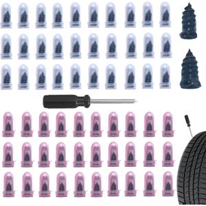 61 PCS Tire Repair Rubber Nail Kit, Vacuum Tire Repair Kits Spiral Rubber Screws, Fast Self-Service Tool for Car, Truck, Motorcycle, Tractor Tire Puncture Repair (Screwdriver included)