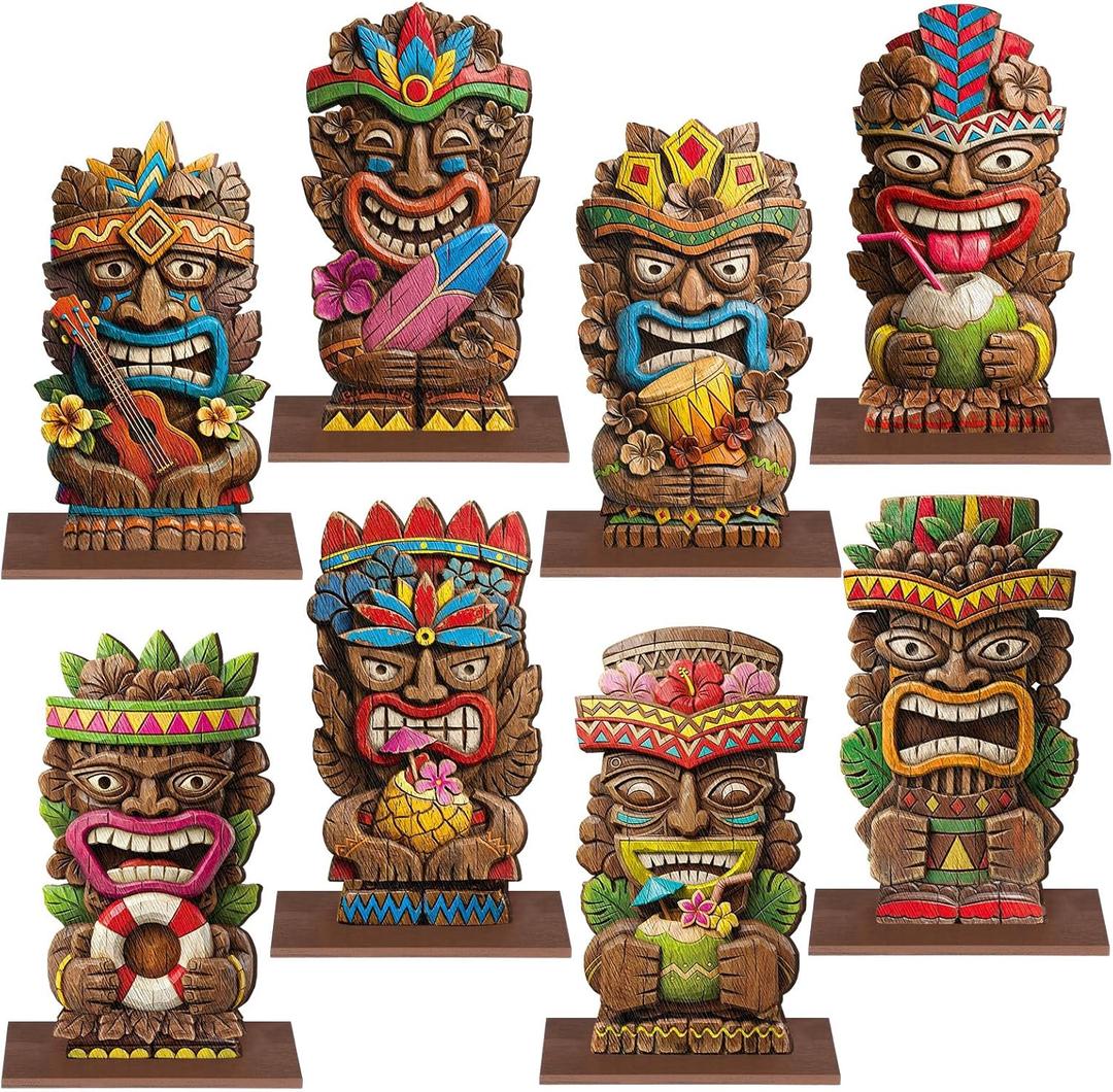 Amyhill 8 Pcs Hawaiian Luau Party Decorations Vintage Hawaiian Tiki Totem Table Decorations Luau Wooden Table Centerpiece Tropical Aloha Tabletop Signs for Summer Birthday Beach Pool Party Supplies