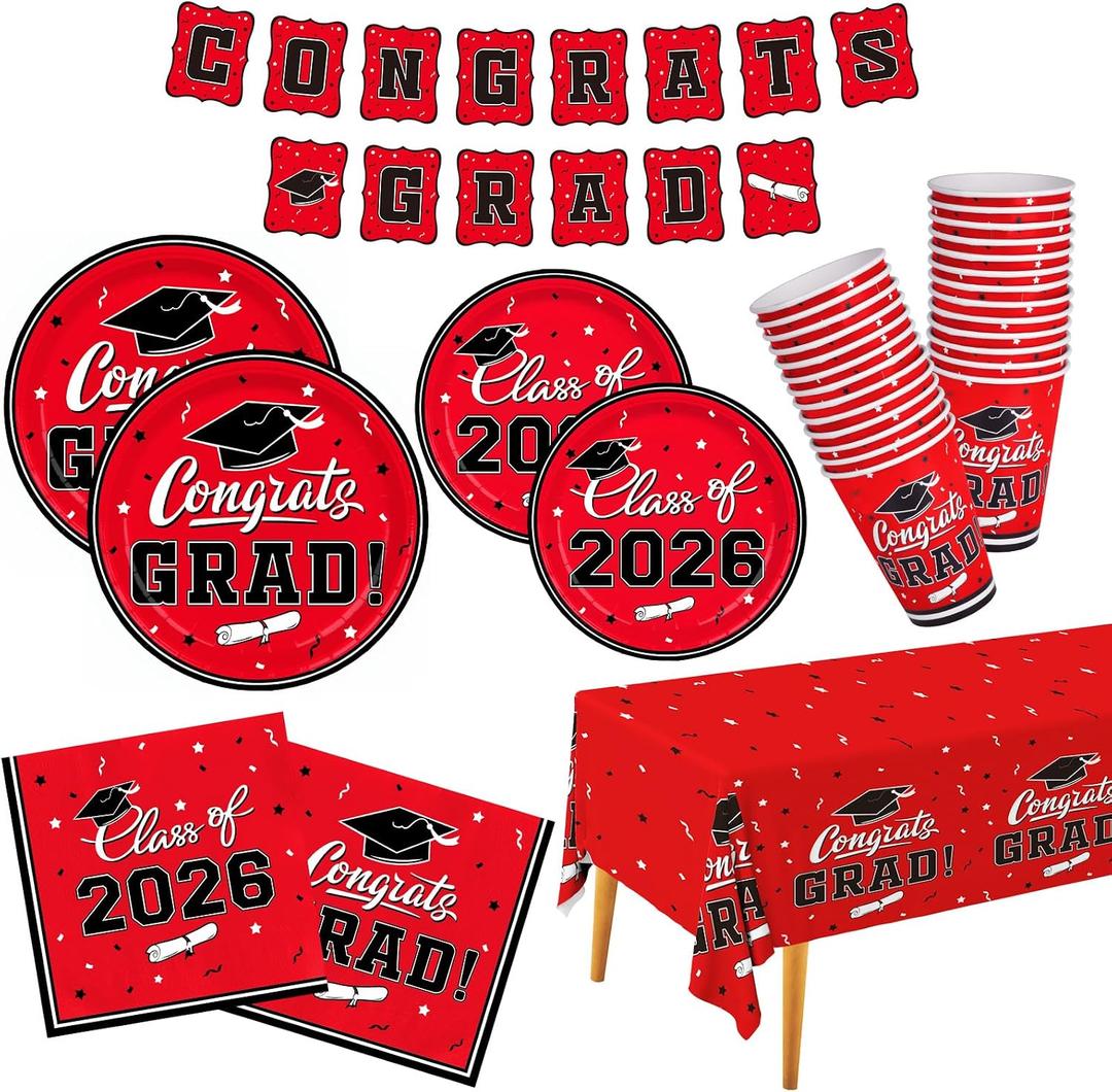 Graduation Decorations class of 2026 Gatherfun Congrats Grad Party Dinnerware Set Red Disposable Paper Plates Napkins Cups Tablecloth Banner for Graduation Decorations 2026 deals, Serve 25