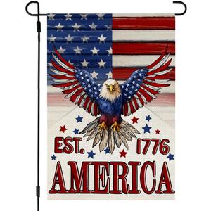 2 x CROWNED BEAUTY 4th of July Garden Flag Patriotic America Double Sided 12x18 Inches Small Burlap Holiday Welcome Yard Porch Decoration for Outside (Beige) CF1833-12