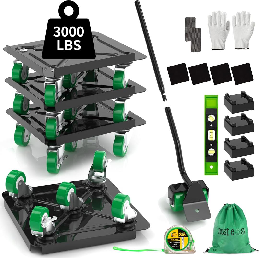 NEST EASY Heavy Duty Furniture Dolly 360 Rotating 5 Wheels, Alloy Steel Furniture Movers Up to 3000 lbs/1360 Kg Load Capacity with Measure Tape and Leveler (5.3x5.3 in)