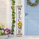 Glitzhome 60H Welcome Sign with 4 Interchangeable Floral Wreaths for Front Door Porch Farmhouse Wooden Hanging Wall Sign for Seasons Spring Fall Harvest Thanksgiving Christmas