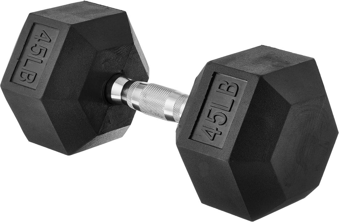 Amazon Basics Rubber Hex Dumbbell Weight for Gym, 45 pound, Single, Black