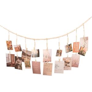 Hanging Photo Display with 18 Wood Clips, Boho Wooden Bead Wall Dcor for Bedroom, Living Room, Dorm, Kids Art Picture Display