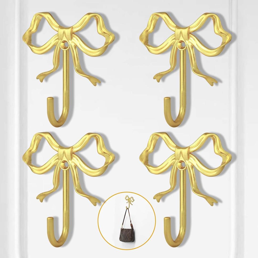 4 PCS Large Size Gold Bow Wall Hook, Gold Coat Hook, Metal Hooks, Bow Room Decor Hooks for Coats, Coffee Mugs, Hats, Bags, Bath Towels and Room Decorations