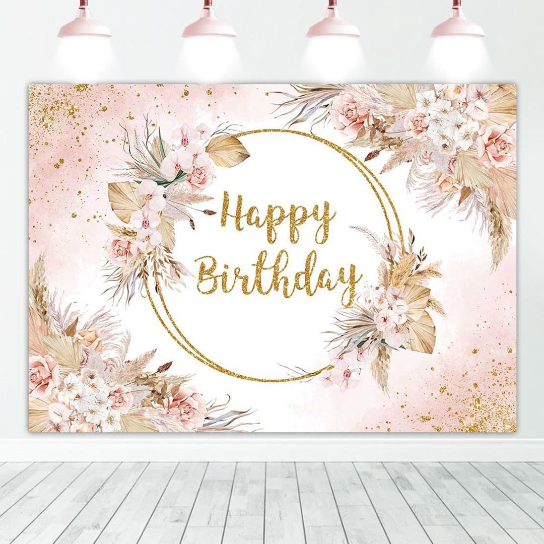 Mocsicka Boho Happy Birthday Backdrop 7x5ft Bohemian Pampas Grass Blush Birthday Party Decorations Photo Backdrops Boho Floral Girl Birthday Photography Background