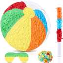 Small Beach Ball Piata 13.4 Inch Summer Piata Beach Ball Pool Party Decoration Mexican Party Birthday Rainbow Balls with Stick, Blindfold and Confetti Set for Kids Boys Girls