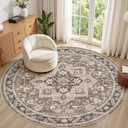 8ft Round Vintage Living Room Area Rug - 8x8 Large Soft Washable Oriental Traditional Distressed Farmhouse Rugs for Bedroom - Indoor Floor Accent Carpet for Home Office House Decor - Brown
