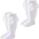 Marchare Baby Girls Knee High Socks Baby Girls Bow Stockings Cotton Uniform Stockings Dress Socks (White)
