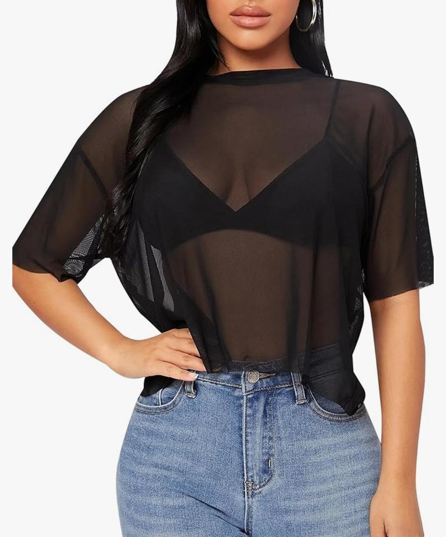 Remidoo Womens Sheer Mesh Tops Short Sleeve Crop Top Crewneck Loose T Shirt,L