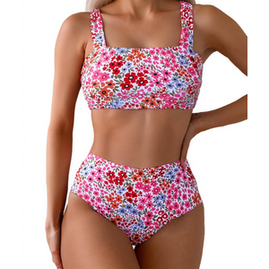 Fanuerg Women's High Waisted Bikini Sets Wide Straps Two Piece Swimsuit Floral Print Bathing Suits, Size M