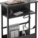 Very Narrow Side Table for Small Spaces, Slim End Table with Charging Station, Sturdy Tables with Storage Shelf and Magazine Rack for Living Room, Easy to Assemble, Black