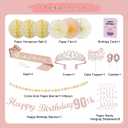 3 x 90th Birthday Decorations Set for Women - Queen Crown, Sash, Card, Cake Topper & Candles, Rose Gold Happy Banner with Paper Honeycomb, Poms Fan, Streamers, Gift Kit – 90 & Loved Birthday Party