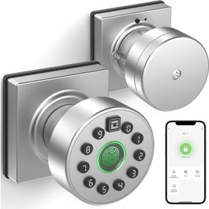 GeekTale Fingerprint Door Lock for Bedrooms, Fingerprint Door Knob with Lock, Smart Door Lock, App Control, Back-up Keys, Thumbprint Door Knob for Bedrooms, Office, Apartment (Silver)