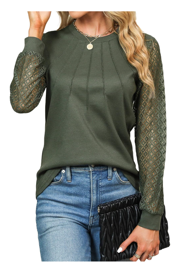 Blooming Jelly Women's Waffle Knit Tops Dressy Business Casual Blouses Lace Long Sleeve Work Shirts Fall Clothes Size Medium, Army Green 