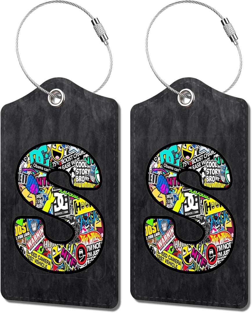 2 Pack Initial Luggage Tag for Suitcase, Cool Letter Unique Leather Bag Tags Identifiers Privacy Cover ID Label with Durable Steel Loop for Women Men Kids Girls Travel, Letter S