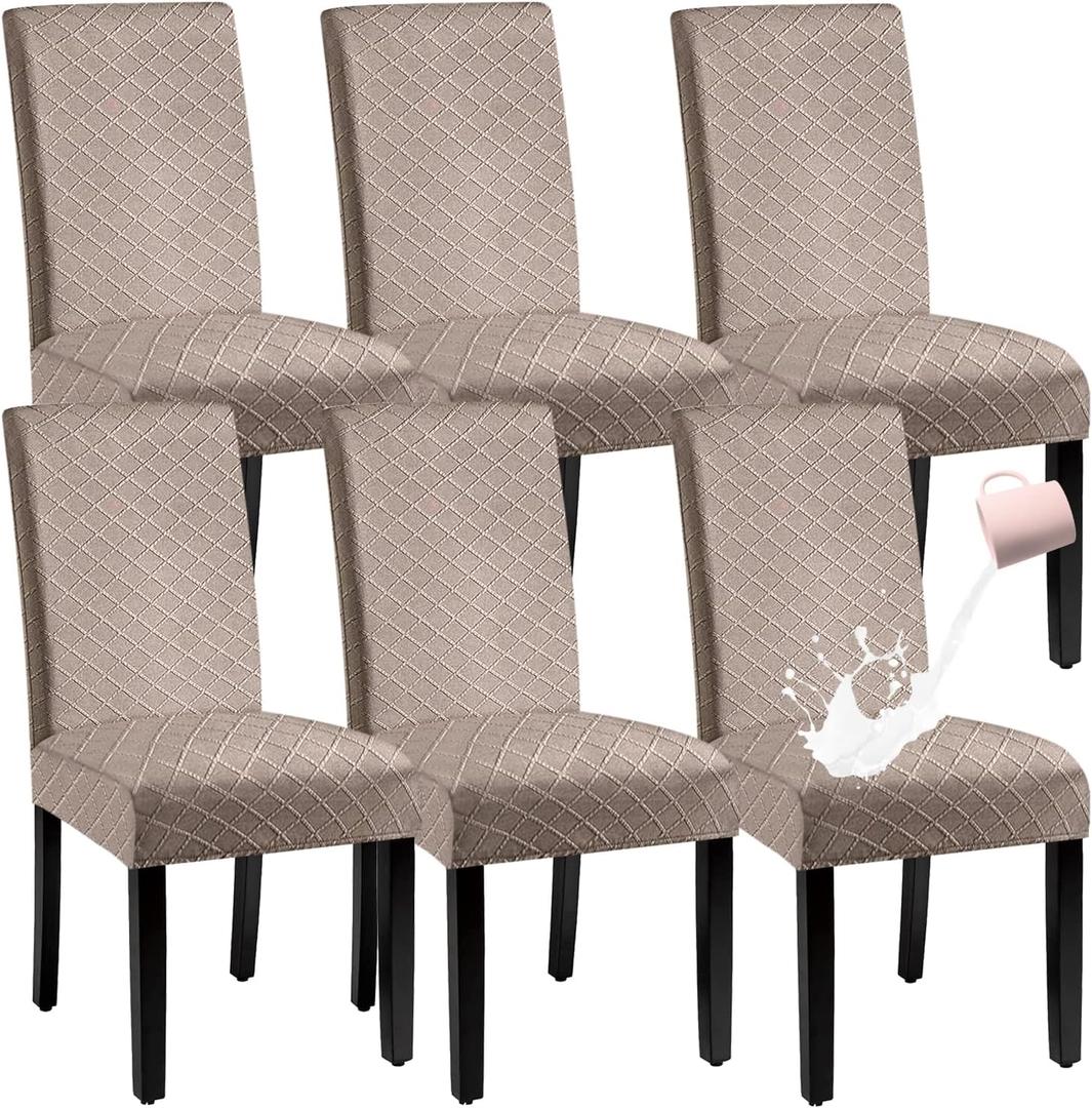 Waterproof Dining Chair Cover,Spandex Fabric Fit Stretch Chair Slipcover,Removable Washable Jacquard Parsons Chair Covers (Khaki,Set of 6)