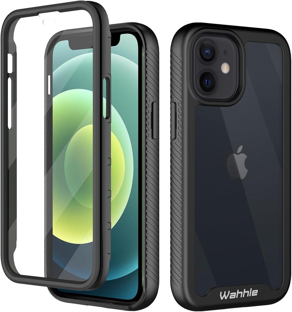 wahhle Compatible with iPhone 12 Mini Case, Built in Screen Protector Full Body Shockproof Slim Fit Bumper Protective Phone Cover 5.4'' Men Women-Black/Clear