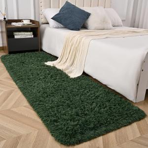 Deep Green Runner Area Rugs for Bedroom Living Room, 2x4 Feet Fluffy Bedside Rugs, Soft Shaggy Carpet Rug for Kids Room Nursery, Furry Cute Rugs for Girls Boys Dorm Room Home Decor