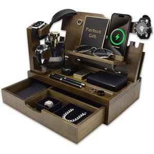 Nightstand Organizer for Men with Large Drawer, Wood Phone Docking Station for Phone, Apple Watch, Wallet & Keys, Ideal Birthday Gift for Father Husband, Bedside Desk Organizer (Brown)
