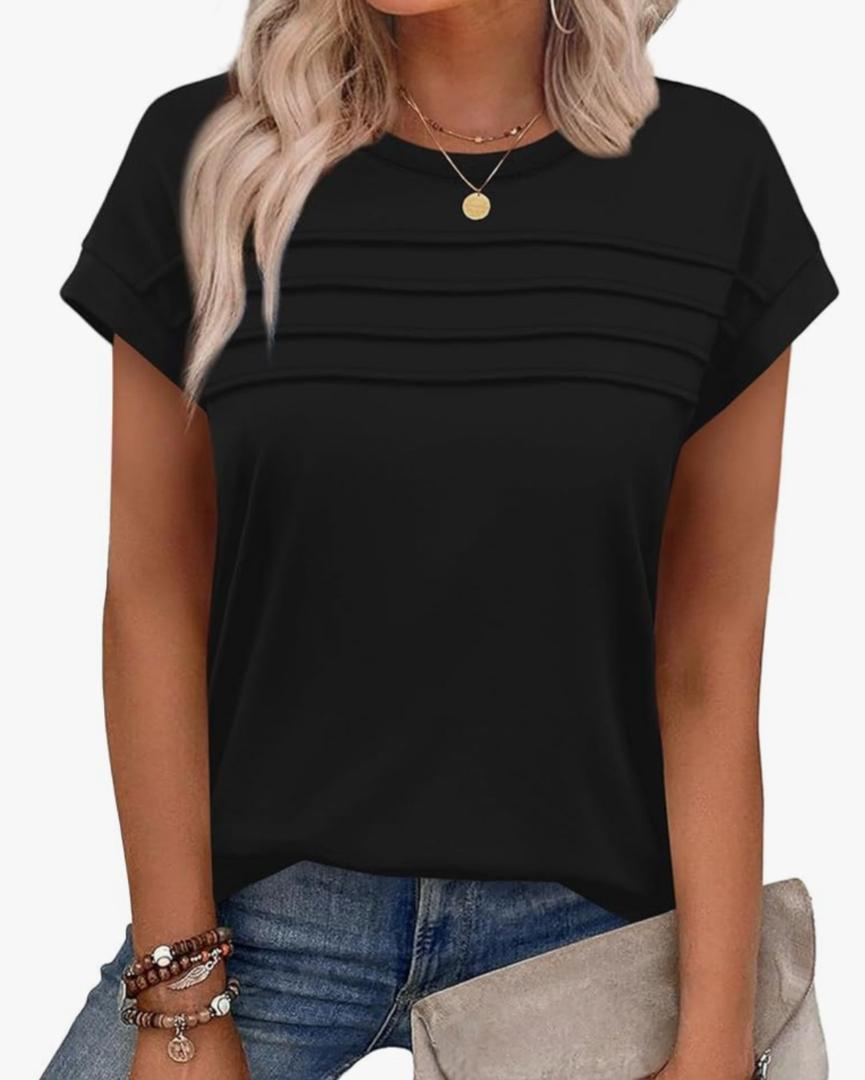 WEESO Womens Summer Tops Trendy 2025 Cap Sleeve T Shirts Crew Neck Pleated Front Clothes Fashion M Black