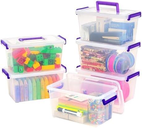 IRIS USA 5 Qt. Plastic Craft Storage Container Bins with Lids, 4 Pack, Small Art & Office Supply Organizer Tote, Sensory Bins & Boxes for Home & University, Stackable, Carry Handle, Clear