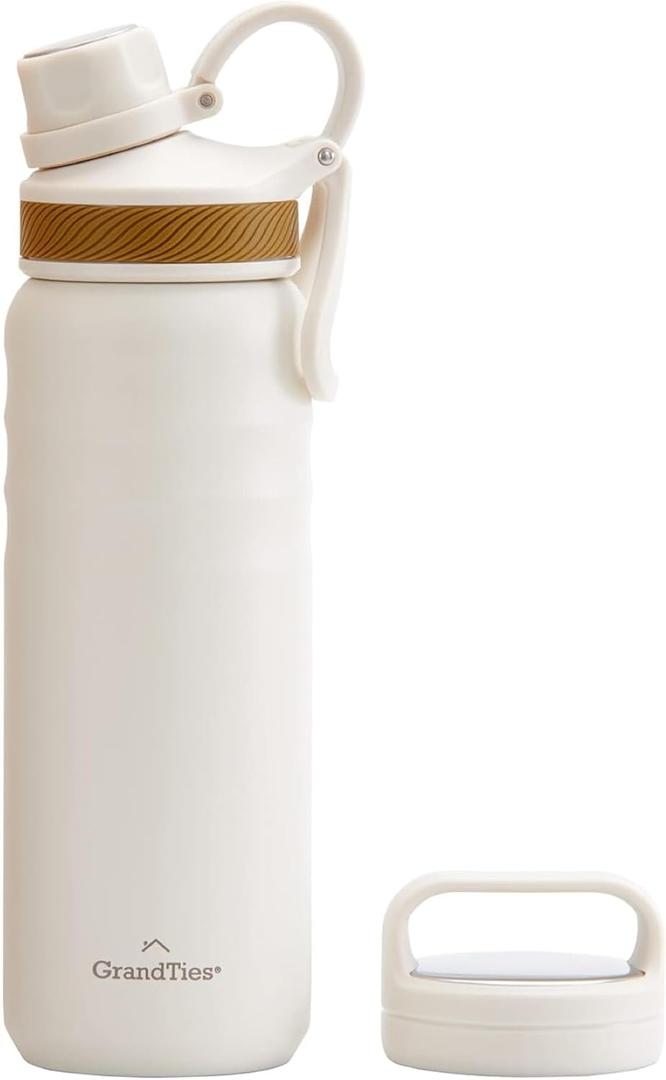 GRANDTIES 2 Lids Sports Stainless Steel Water Bottles  Wide Mouth Vacuum Insulated Reusable Leak Proof BPA-Free Travel Metal Canteen, Thermos Bottles for Men Women Gym (Ivory White 24 oz)