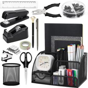 SYMDROMIA 13-in-1 Office Desk Organizer Set with Stapler and Tape Dispenser, Pen Holder, Scissors, Ruler, Hole Punch, 2 Pens & More Desktop Accessories for Back to School Supplies (Black)