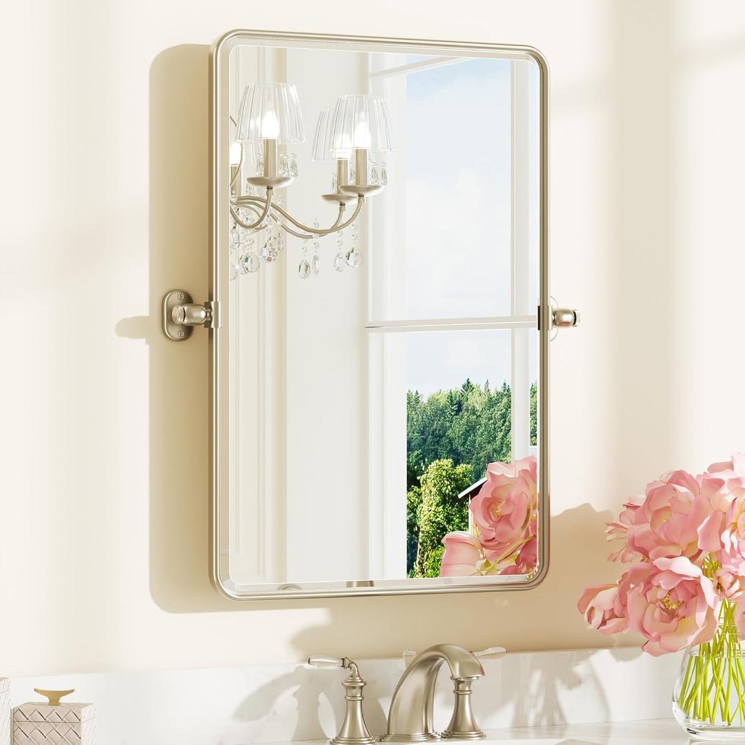 Keonjinn Brushed Nickel Pivot Mirror Bathroom, 20x30 in Tilt Mirror Bathrooms for Over Sink, Rounded Corner Modern Pivot Rectangle Mirrors, Metal Framed Beveled Bathroom Mirrors (Horizontal/Vertical)