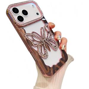 for iPhone 17 Pro Max Case Cute Butterfly Hollow Back Plating TPU Bumper Design,Luxury Bling Diamond Glitter Girly Phone Case for iPhone 17 Pro Max for Women Girls Pink