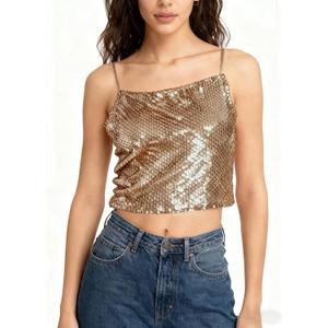Sequin Cami Top Square Neck Sparkly Tank Top Sleeveless Party Camisole Shirts (XL)