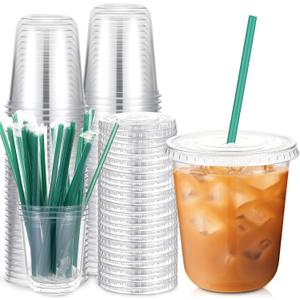Baderke 25 Set Plastic Cups with Lids and Straws, Disposable Plastic Iced Coffee Cup for Cold Beverage Juice Smoothie Crystal for Coffee Shops Party Catering (Clear, 14 oz)
