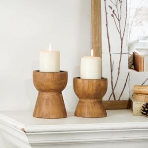 NIKKY HOME Farmhouse Wooden Candle Holders Set of 2, Rusitc Solid Wood Pillar Candlesticks Pedestal, Fireplace Mantle Table Centerpiece Decor, Brown (4.9",4.1")