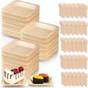 CONLI 300 Pcs Disposable Palm Leaf Bowls, Square Bamboo Appetizer Plates, Compostable Wood Plates with Bamboo Forks for Birthday Wedding Party, Dessert, Catering and Home Use (4.4 x 4.4x0.5 Inch)