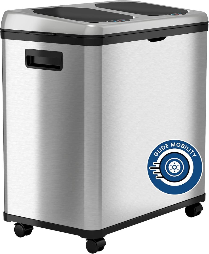iTouchless 16 Gallon / 60L Stainless Steel Dual Compartment Sensor Kitchen Trash Can and Recycle Bin with Wheels  Rectangular Garbage Can with Touchless Motion Sensor Lid & Removable Inner Buckets