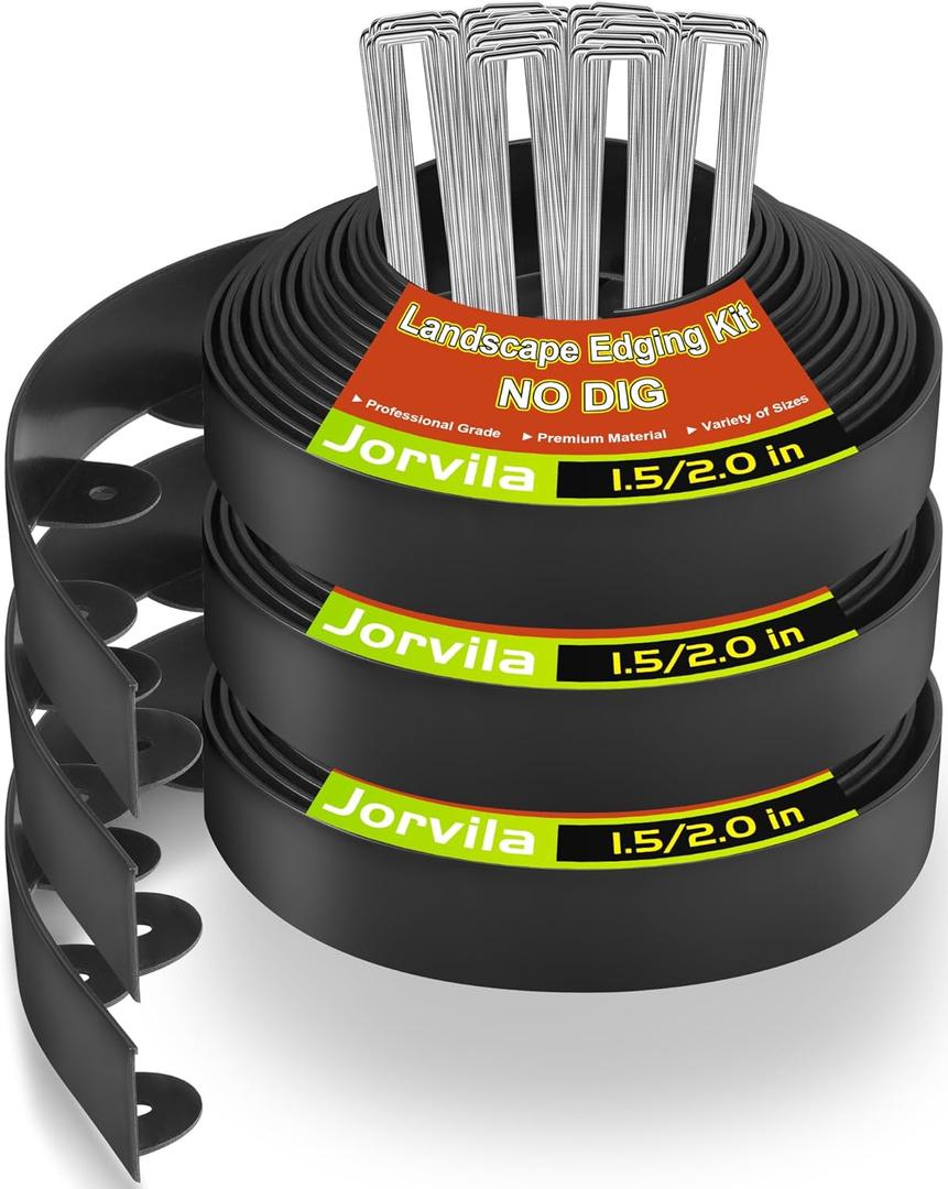 Jorvila Landscape Edging, 1.5" x 100' Plastic Garden Edging with 120 Pcs Metal Spikes, Flexible Garden Border for Lawn, Landscaping, Flower Beds (Black)