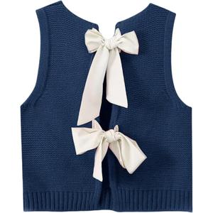 Lianlive Sweater Vest Top for Women Casual Crop Knit Cardigan Vest Bow Tie Back Knit Tank Tops (Medium, Navy)