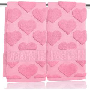 2 Pcs 3D Heart Valentines Day Hand Towels for Bathroom 100% Cotton Pink Jacquard Decorative Bath Towels Holiday Kitchen Dish Towels Valentines Bathroom Decor Gift 13.7 x 29.5 Inch (Pink)