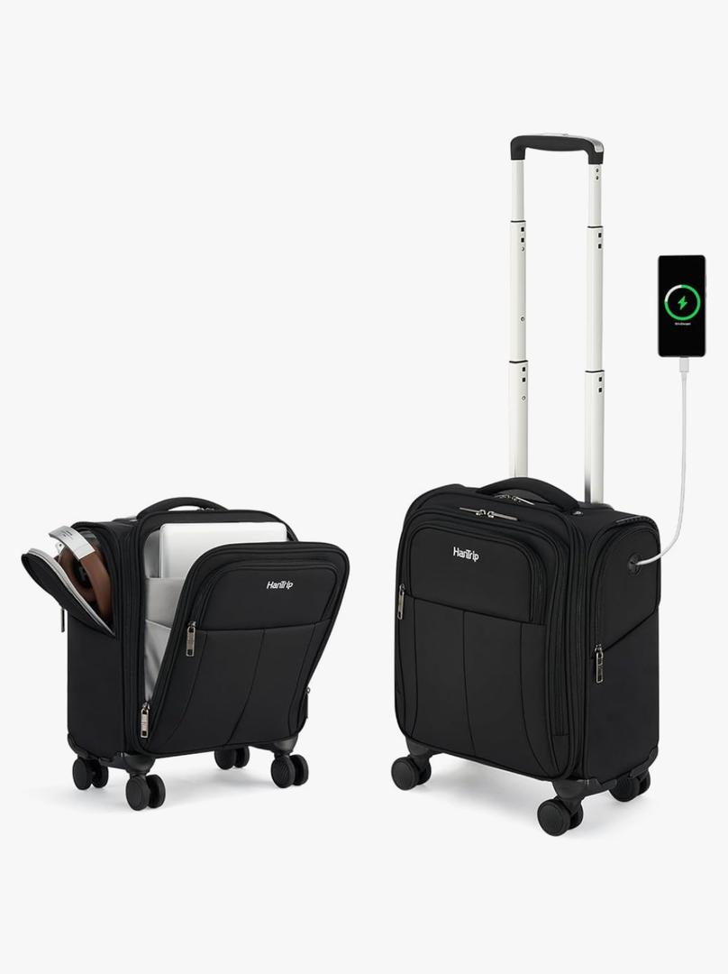 16 Inch Underseat Carry On Luggage with Wheels Softside Small Suitcases Personal Item Bag with Pocket Travel Luggage for Men Women Business Overnight Bag (Black)