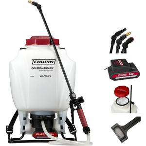Chapin 63924 Backpack Sprayer, 4Gallon 24V BatteryPowered, Translucent Poly Tank, 6" WideMouth Opening, 3Stage Filtration & Adjustable Brass/Poly Nozzles for Fertilizer, Weed & Pest Applications